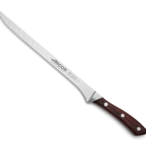 Arcos Forged Slicing Ham Knife 10 inch with 250mm blade. Nitrum Stainless Steel Blade. Professional Kitchen Knife. Rosewood Brown Handle. Rust & Corrosion Resistant. Smooth edge. Natura Series.