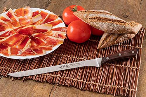 Arcos Forged Slicing Ham Knife 10 inch with 250mm blade. Nitrum Stainless Steel Blade. Professional Kitchen Knife. Rosewood Brown Handle. Rust & Corrosion Resistant. Smooth edge. Natura Series.