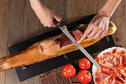 Arcos Forged Slicing Ham Knife 10 inch with 250mm blade. Nitrum Stainless Steel Blade. Professional Kitchen Knife. Rosewood Brown Handle. Rust & Corrosion Resistant. Smooth edge. Natura Series.