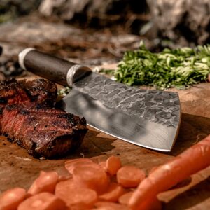 Norse Tradesman Chef & Cleaver Hybrid Knife - 7.5" Razor Sharp Kitchen Knife – Genuine Cowbone Accented Handle with Celtic Knot Engravings – Artisan Forged