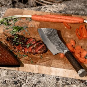 Norse Tradesman Chef & Cleaver Hybrid Knife - 7.5" Razor Sharp Kitchen Knife – Genuine Cowbone Accented Handle with Celtic Knot Engravings – Artisan Forged