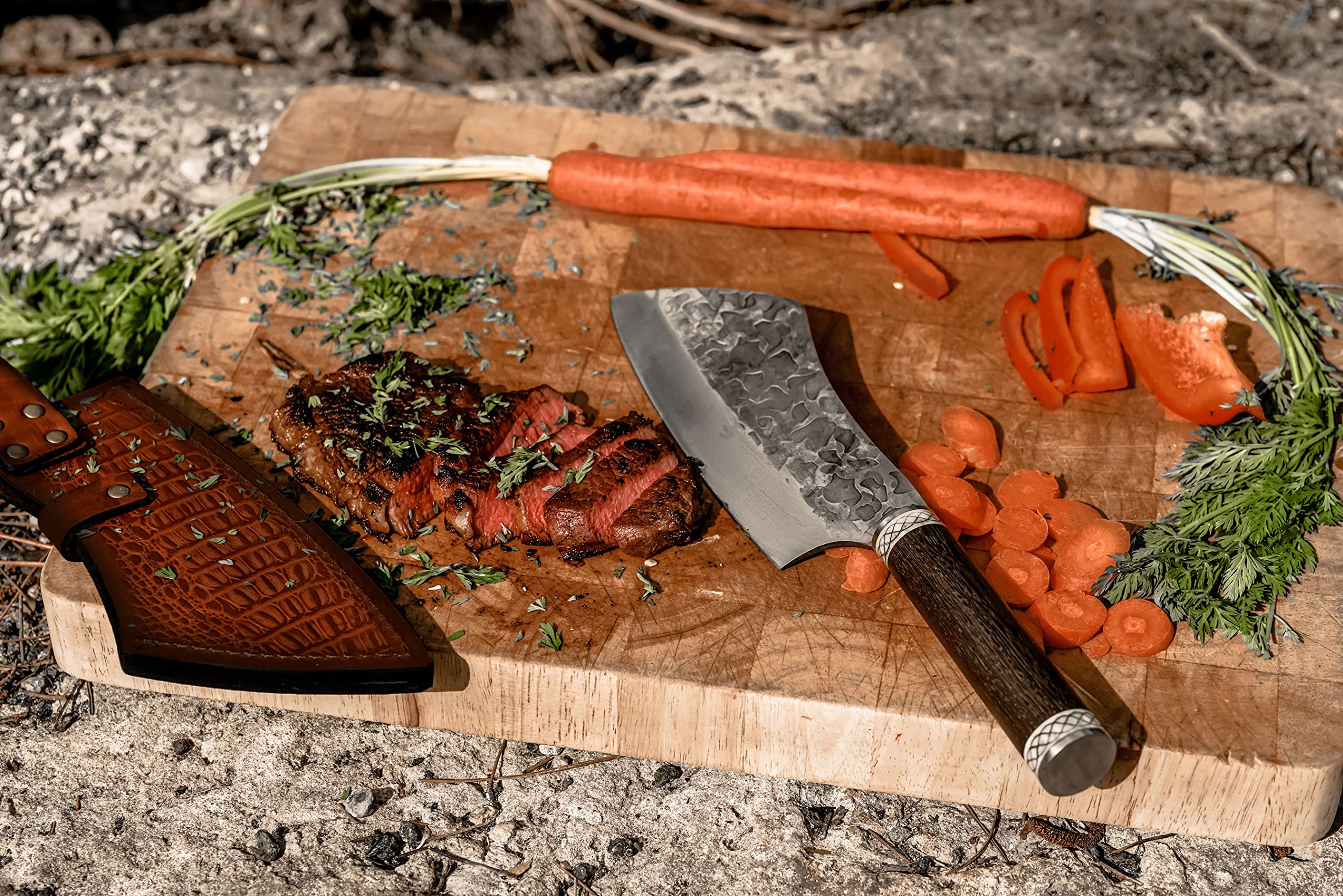 Norse Tradesman Chef & Cleaver Hybrid Knife - 7.5" Razor Sharp Kitchen Knife – Genuine Cowbone Accented Handle with Celtic Knot Engravings – Artisan Forged