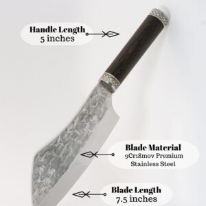 Norse Tradesman Chef & Cleaver Hybrid Knife - 7.5" Razor Sharp Kitchen Knife – Genuine Cowbone Accented Handle with Celtic Knot Engravings – Artisan Forged