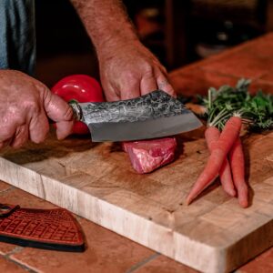 Norse Tradesman Chef & Cleaver Hybrid Knife - 7.5" Razor Sharp Kitchen Knife – Genuine Cowbone Accented Handle with Celtic Knot Engravings – Artisan Forged