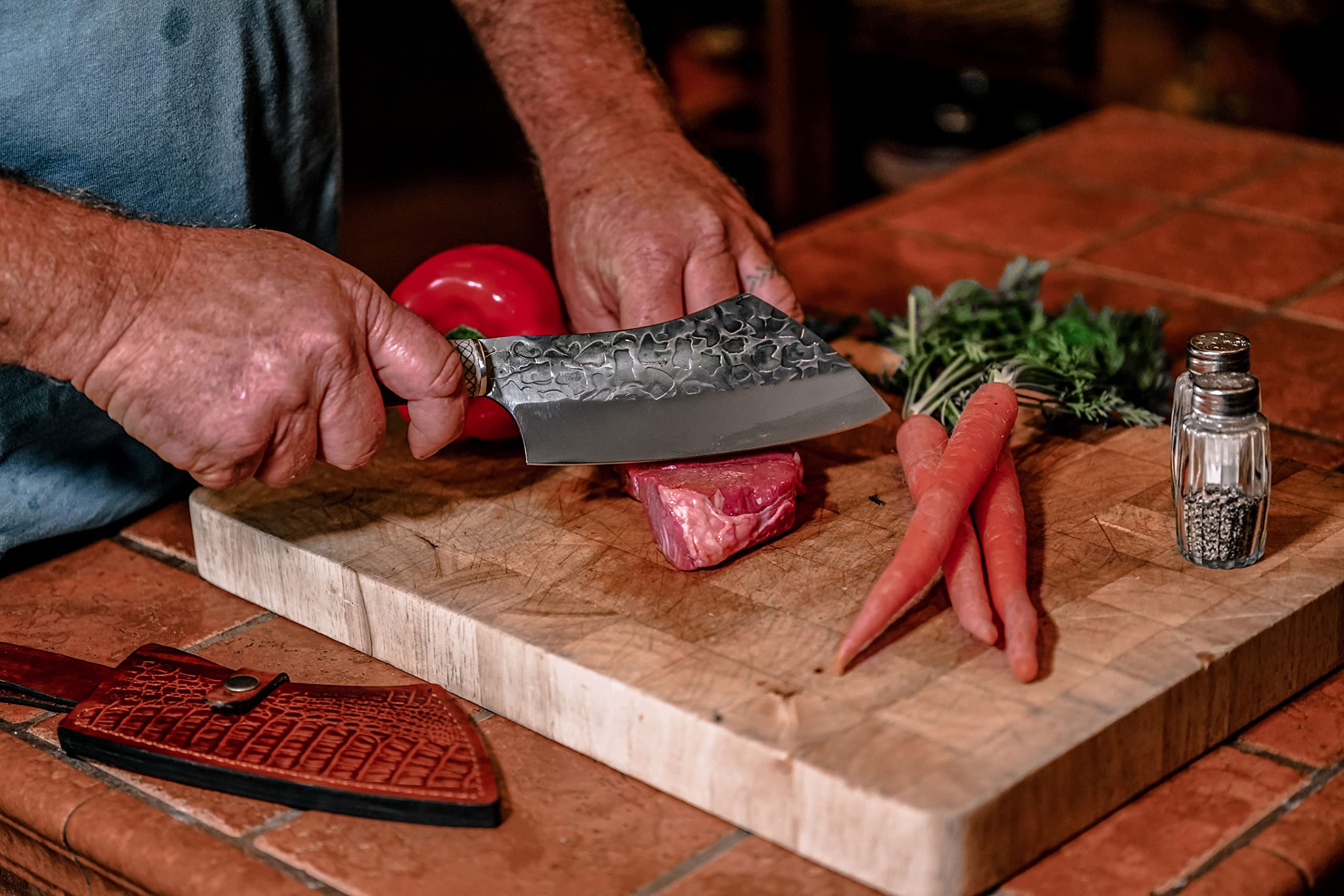 Norse Tradesman Chef & Cleaver Hybrid Knife - 7.5" Razor Sharp Kitchen Knife – Genuine Cowbone Accented Handle with Celtic Knot Engravings – Artisan Forged