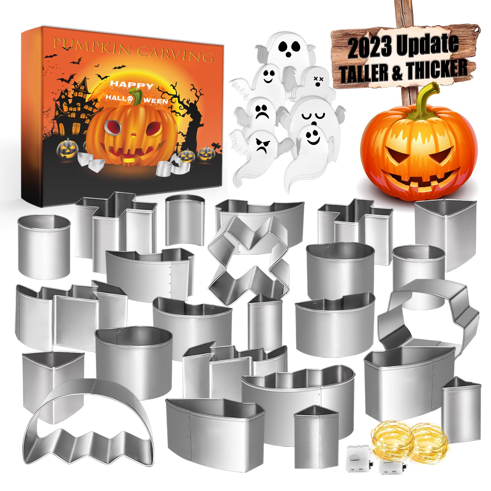 IWPTY 43 PCS Pumpkin Carving Kit for Kids Adults, Halloween Pumpkin Easy Made Stencils, Stainless Steel Pumpkin Safe Carver Tools Kits - 2023 Version (20 Pcs with 2 String Lights & 21 Ghost Stickers)