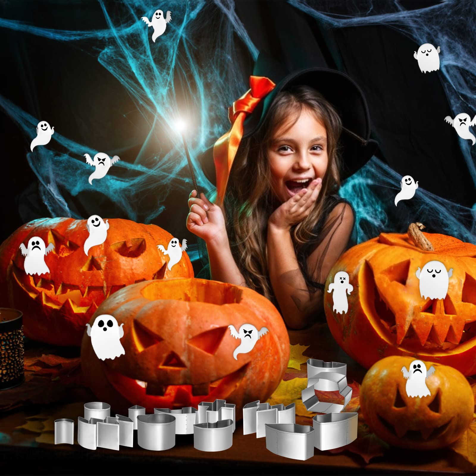 IWPTY 43 PCS Pumpkin Carving Kit for Kids Adults, Halloween Pumpkin Easy Made Stencils, Stainless Steel Pumpkin Safe Carver Tools Kits - 2023 Version (20 Pcs with 2 String Lights & 21 Ghost Stickers)