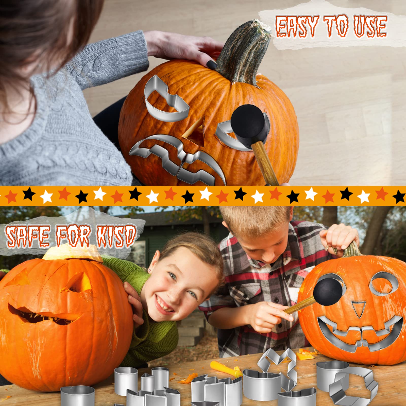 IWPTY 43 PCS Pumpkin Carving Kit for Kids Adults, Halloween Pumpkin Easy Made Stencils, Stainless Steel Pumpkin Safe Carver Tools Kits - 2023 Version (20 Pcs with 2 String Lights & 21 Ghost Stickers)