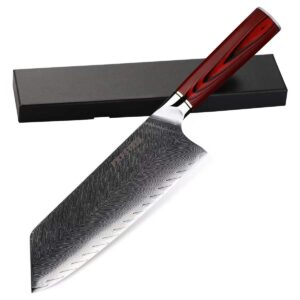 fxfsteel damascus chef knife with premium g10 handle, 7.5 inch japanese vg-10 stainless steel santoku knife ultrasharp cleaver for vegetable meat cooking(red)