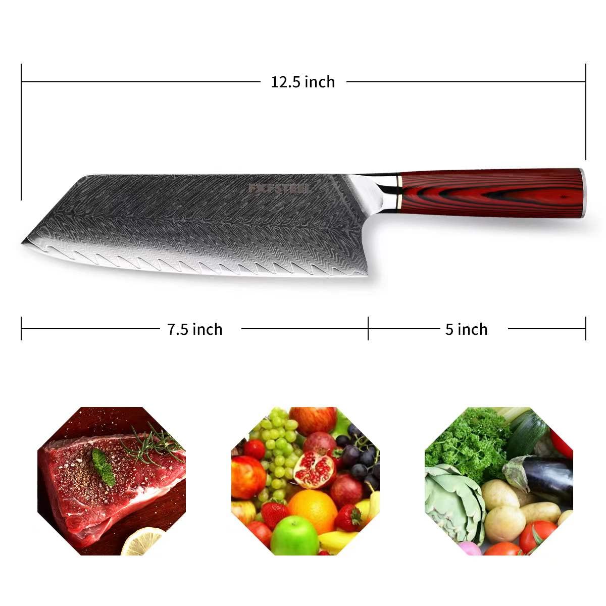 FXFSTEEL Damascus Chef Knife with Premium G10 Handle, 7.5 inch Japanese VG-10 Stainless Steel Santoku Knife Ultrasharp Cleaver for Vegetable Meat Cooking(Red)