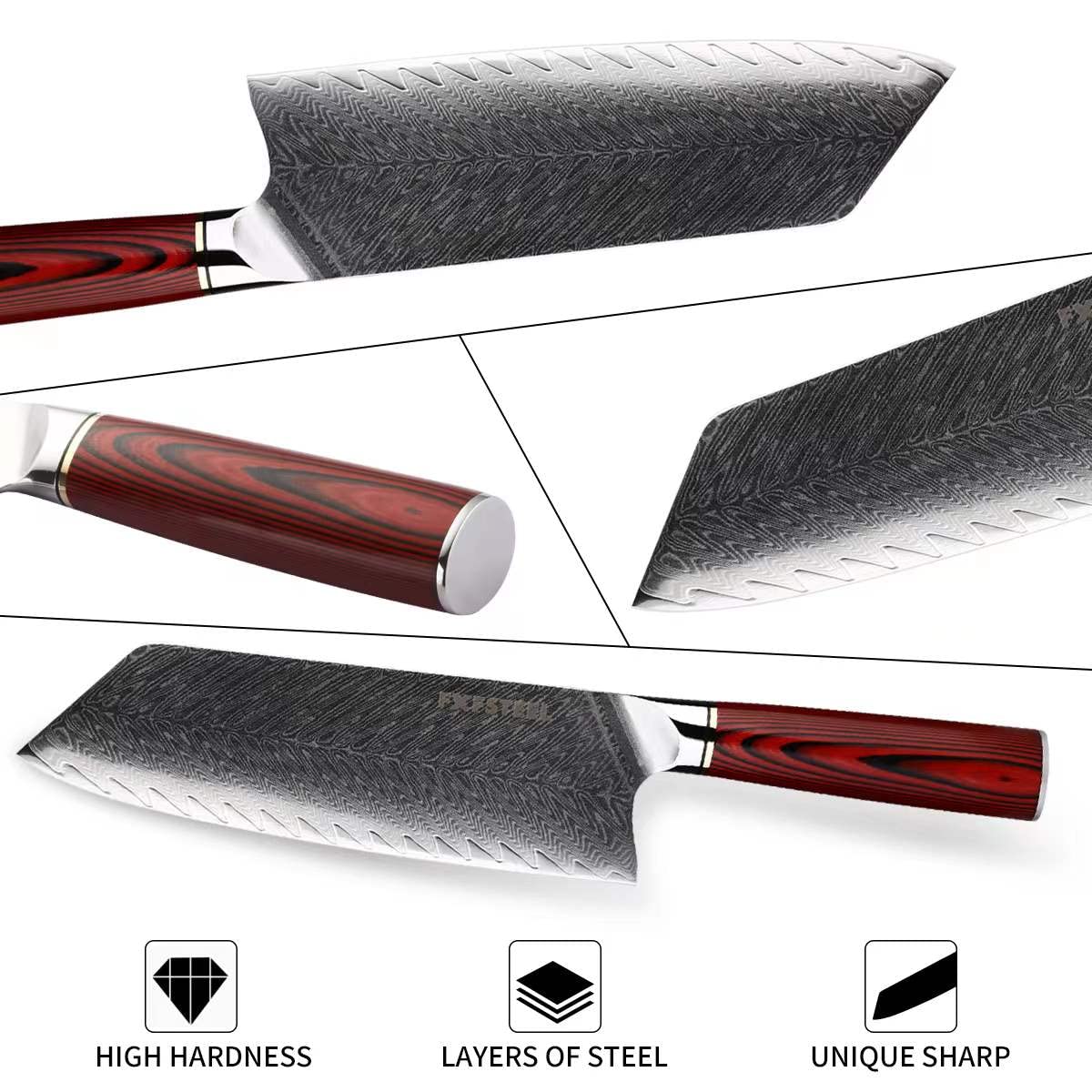 FXFSTEEL Damascus Chef Knife with Premium G10 Handle, 7.5 inch Japanese VG-10 Stainless Steel Santoku Knife Ultrasharp Cleaver for Vegetable Meat Cooking(Red)