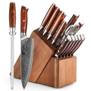 xinzuo damascus steel 15pcs kitchen knife block set with honing steel and kitchen shears, sharp forged cooking knife set -chef santoku slicing boning utility paring knife and 6pcs steak knife set