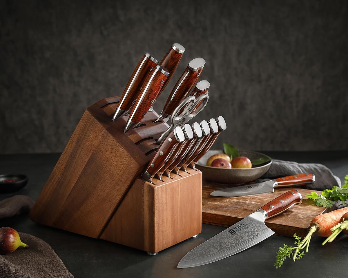 XINZUO Damascus Steel 15Pcs Kitchen Knife Block Set with Honing Steel and Kitchen Shears, Sharp Forged Cooking Knife Set -Chef Santoku Slicing Boning Utility Paring Knife and 6Pcs Steak Knife Set