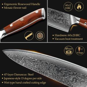 XINZUO Damascus Steel 15Pcs Kitchen Knife Block Set with Honing Steel and Kitchen Shears, Sharp Forged Cooking Knife Set -Chef Santoku Slicing Boning Utility Paring Knife and 6Pcs Steak Knife Set