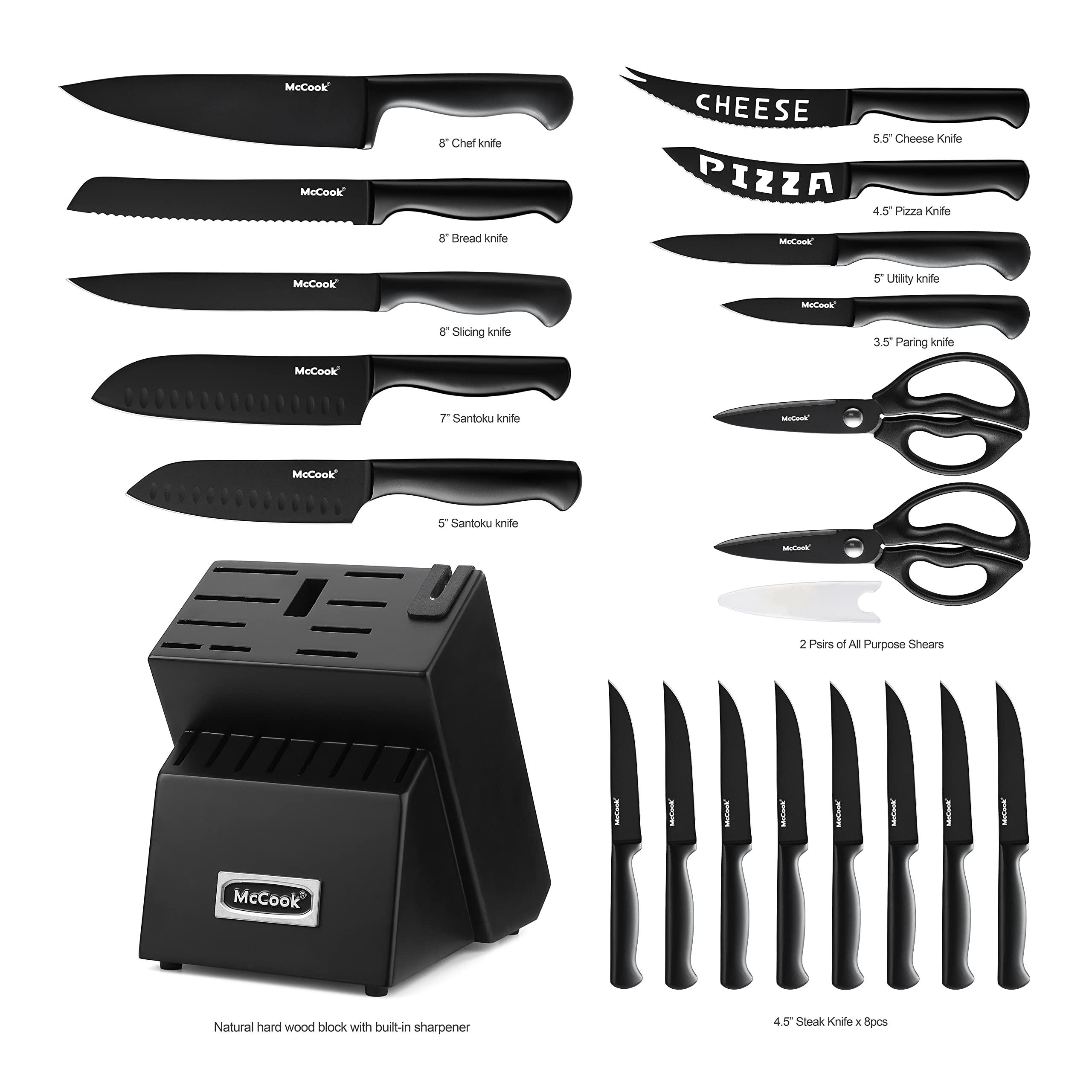 MC69C Black Knife Sets,20 Pieces + MCW12 Bamboo Cutting Board(Large, 17"x12"x1")