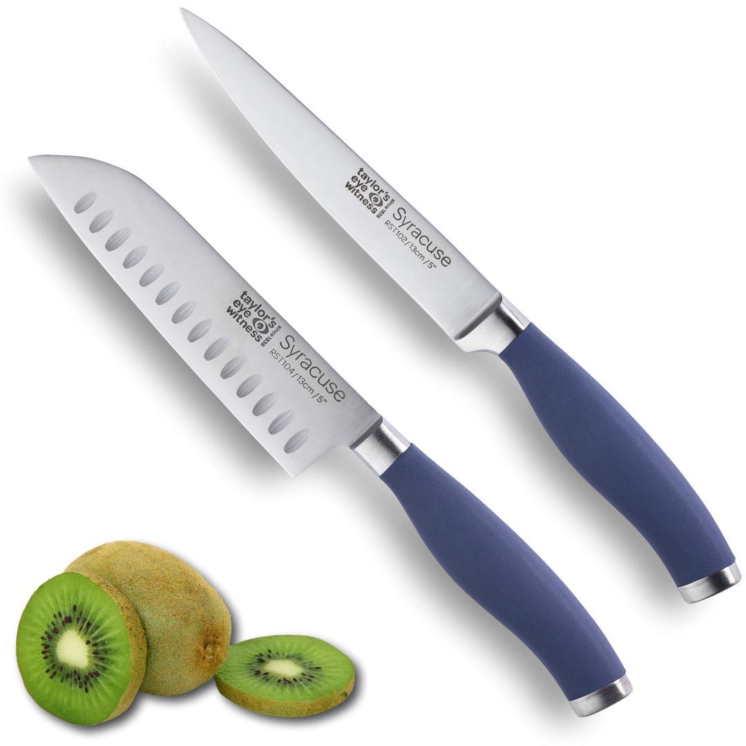 Taylors Eye Witness Syracuse Asian Kitchen Knife Set - Chefs Santoku 13cm/5” & Cooks All Purpose 13cm/5” Cutting Edge, Multi Use. Ultra Fine, Razor Sharp Blade. Soft Textured Grip Denim Blue Handle.