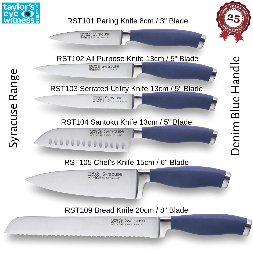 Taylors Eye Witness Syracuse Asian Kitchen Knife Set - Chefs Santoku 13cm/5” & Cooks All Purpose 13cm/5” Cutting Edge, Multi Use. Ultra Fine, Razor Sharp Blade. Soft Textured Grip Denim Blue Handle.