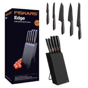 fiskars knife block with 5 knives, width: 15.5 cm, height: 37 cm, birch wood, black, edge, 1003099