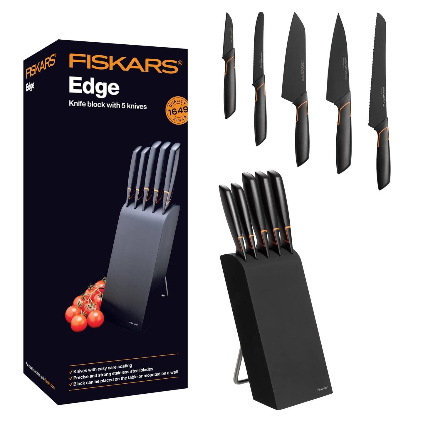 Fiskars Knife Block With 5 Knives, Width: 15.5 cm, Height: 37 cm, Birch Wood, Black, Edge, 1003099