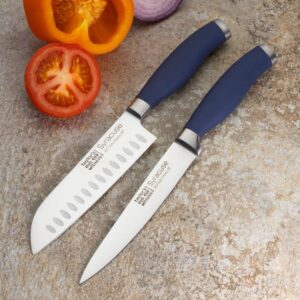 Taylors Eye Witness Syracuse Asian Kitchen Knife Set - Chefs Santoku 13cm/5” & Cooks All Purpose 13cm/5” Cutting Edge, Multi Use. Ultra Fine, Razor Sharp Blade. Soft Textured Grip Denim Blue Handle.