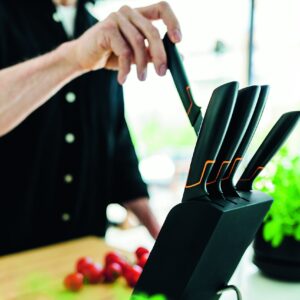 Fiskars Knife Block With 5 Knives, Width: 15.5 cm, Height: 37 cm, Birch Wood, Black, Edge, 1003099