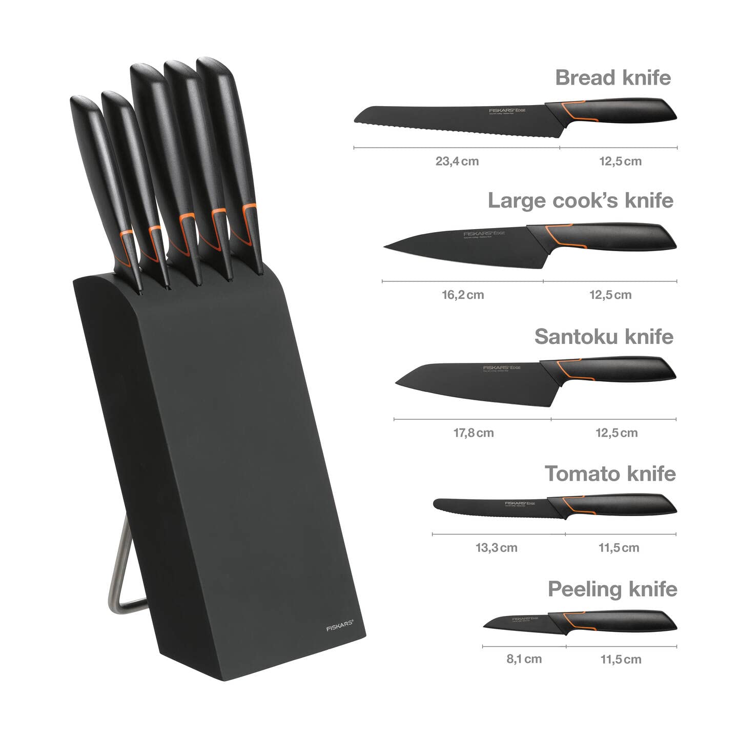 Fiskars Knife Block With 5 Knives, Width: 15.5 cm, Height: 37 cm, Birch Wood, Black, Edge, 1003099