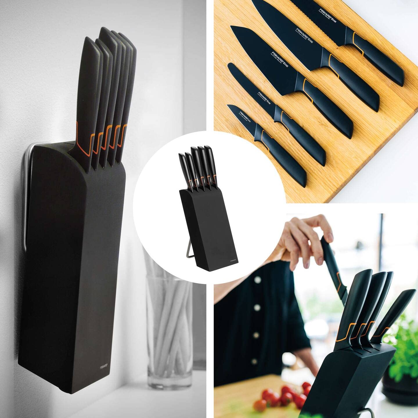 Fiskars Knife Block With 5 Knives, Width: 15.5 cm, Height: 37 cm, Birch Wood, Black, Edge, 1003099