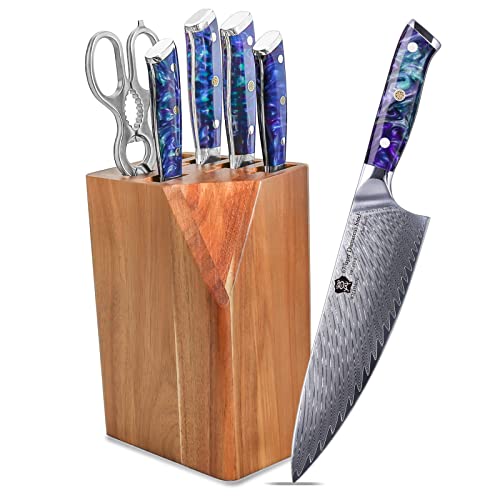 WILDMOK Damascus Kitchen Knife Set with Block Premium Quality 7 Pieces Kitchen Knife Set Razor-Sharp with Ergonomic Handle (7pcs Knife Block Set Blue Resin Handle)