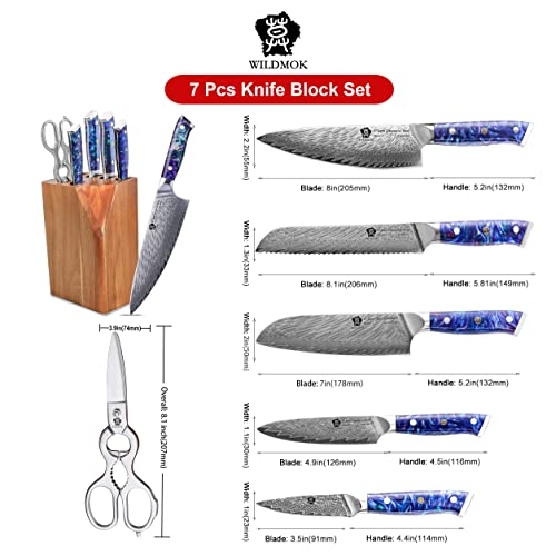 WILDMOK Damascus Kitchen Knife Set with Block Premium Quality 7 Pieces Kitchen Knife Set Razor-Sharp with Ergonomic Handle (7pcs Knife Block Set Blue Resin Handle)