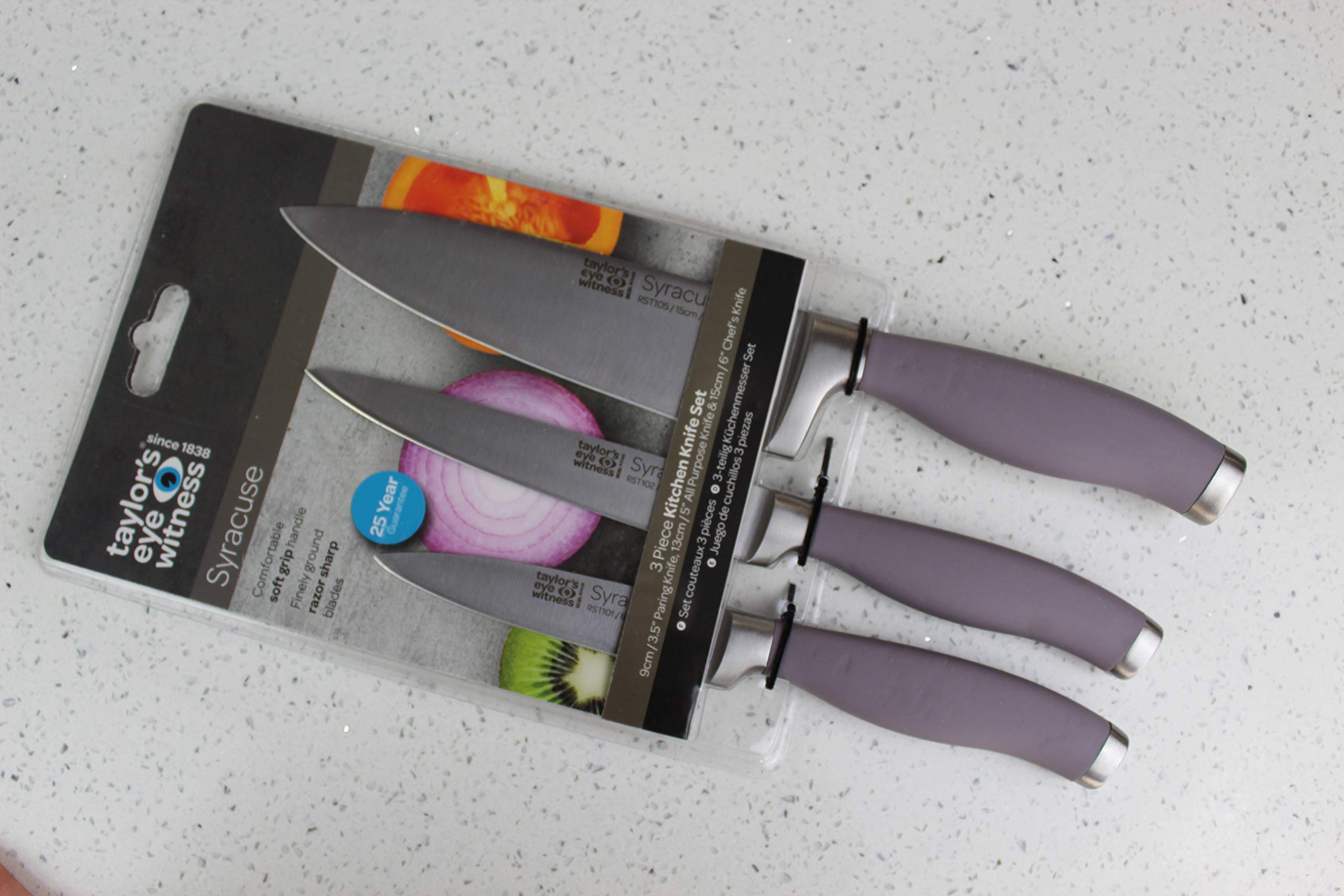 Taylors Eye Witness Syracuse Kitchen Knife 3pce Set - Paring 8cm/3.5”, Chefs 15cm/6” & Cooks All Purpose 13cm/5” Cutting Edge. Ultra Fine, Razor Sharp Blade. Soft Textured Grip Berry Colour Handle