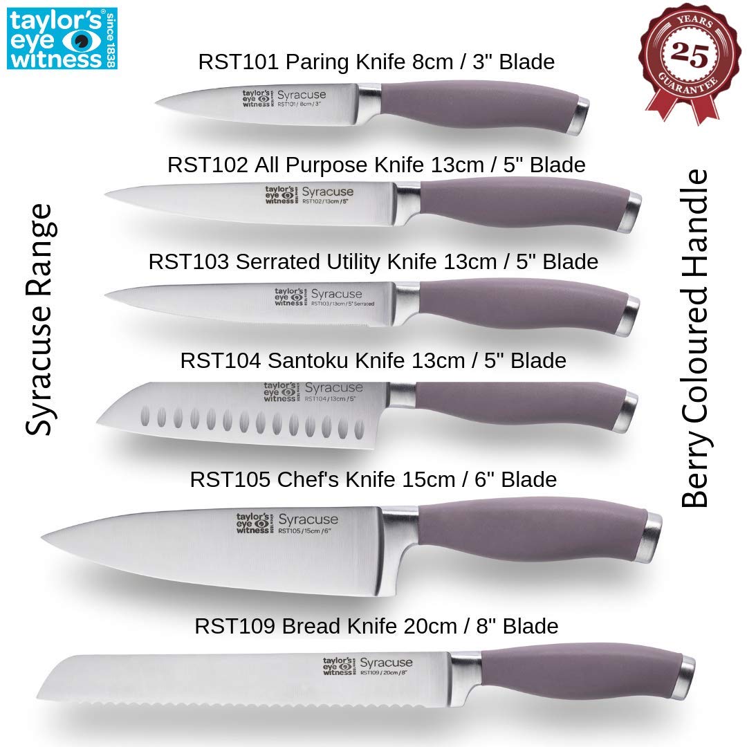 Taylors Eye Witness Syracuse Kitchen Knife 3pce Set - Paring 8cm/3.5”, Chefs 15cm/6” & Cooks All Purpose 13cm/5” Cutting Edge. Ultra Fine, Razor Sharp Blade. Soft Textured Grip Berry Colour Handle