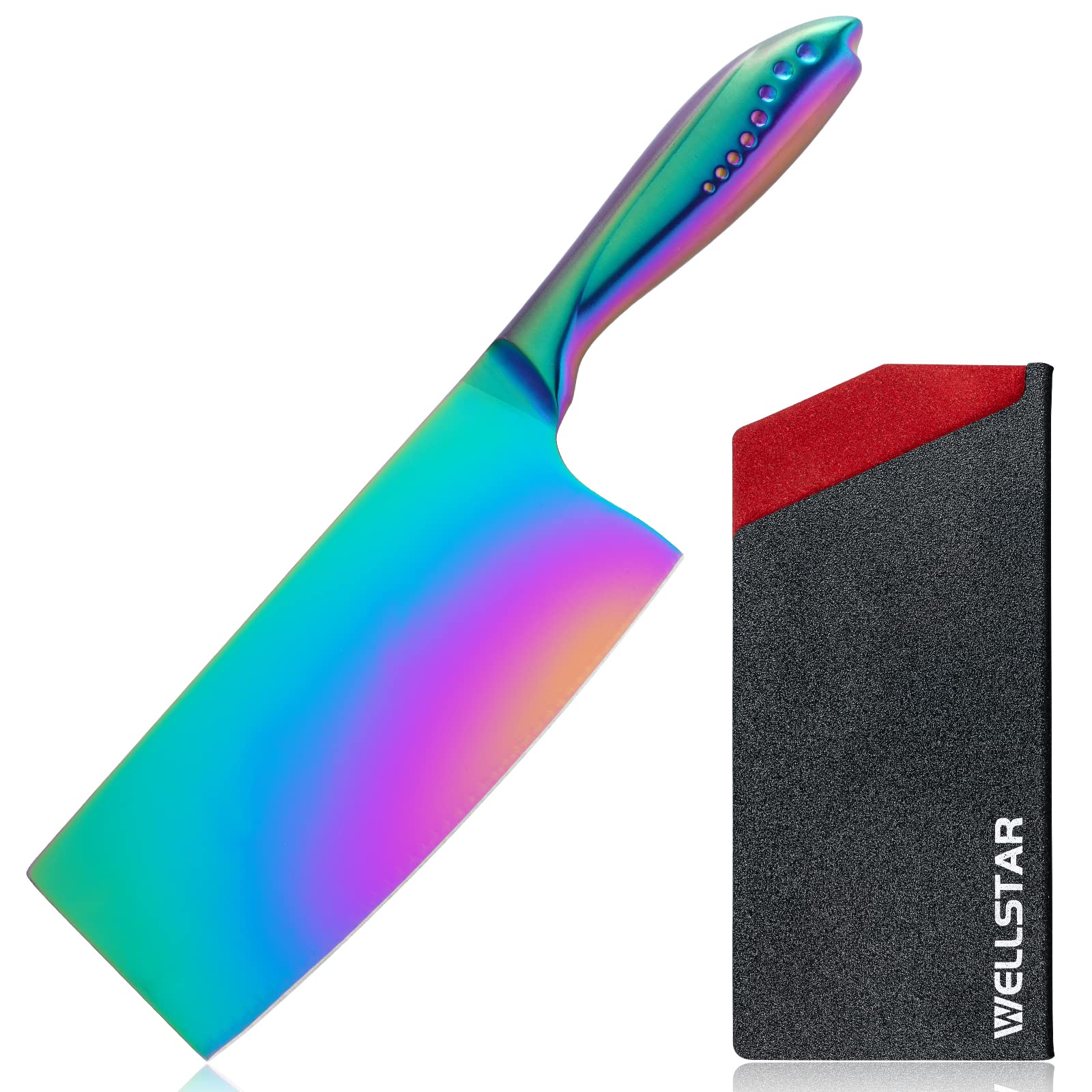 WELLSTAR Rainbow Meat Cleaver and Blade Guard, 7 inch Iridescent Chinese Meat Vegetable Butcher Knife, Super Sharp German High Carbon Stainless Steel Chef’s Kitchen Knife with Ergonomic Handle