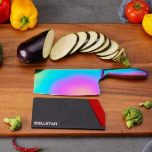 WELLSTAR Rainbow Meat Cleaver and Blade Guard, 7 inch Iridescent Chinese Meat Vegetable Butcher Knife, Super Sharp German High Carbon Stainless Steel Chef’s Kitchen Knife with Ergonomic Handle