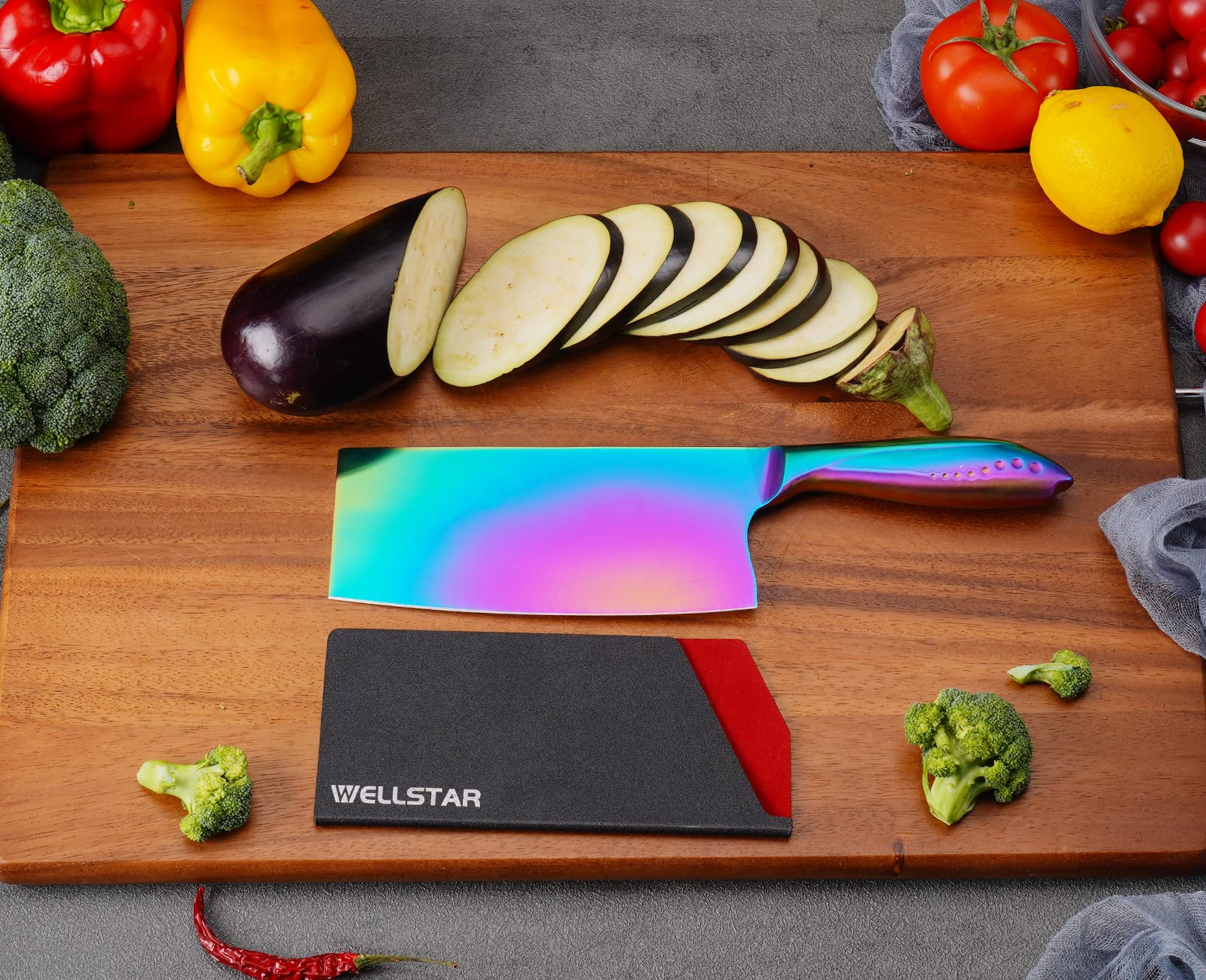 WELLSTAR Rainbow Meat Cleaver and Blade Guard, 7 inch Iridescent Chinese Meat Vegetable Butcher Knife, Super Sharp German High Carbon Stainless Steel Chef’s Kitchen Knife with Ergonomic Handle