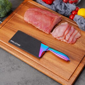 WELLSTAR Rainbow Meat Cleaver and Blade Guard, 7 inch Iridescent Chinese Meat Vegetable Butcher Knife, Super Sharp German High Carbon Stainless Steel Chef’s Kitchen Knife with Ergonomic Handle