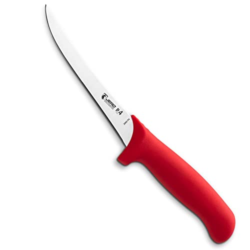 Jero Pro4 Series 6 Inch Curved Stiff Boning Knife - Professional Boning Knife - Sandvik High-Carbon Stainless Steel Blade - Ergogrip Super-Polymer Handle - Made In Portugal- Red Handle