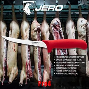 Jero Pro4 Series 6 Inch Curved Stiff Boning Knife - Professional Boning Knife - Sandvik High-Carbon Stainless Steel Blade - Ergogrip Super-Polymer Handle - Made In Portugal- Red Handle