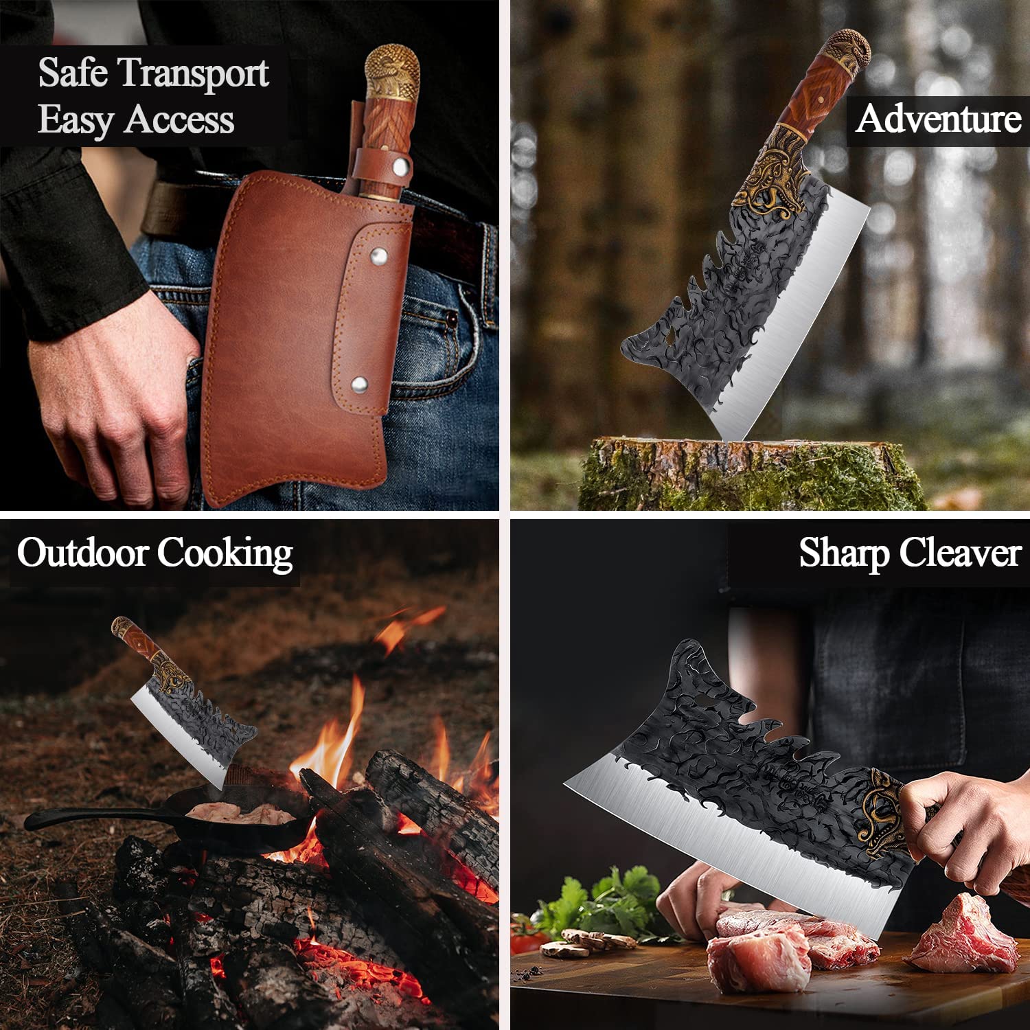 ROCOCO Heavy Duty Meat Cleaver Bundle with Butcher Knife for Meat Cutting Outdoor BBQ Camping Hunting Viking Gift Men