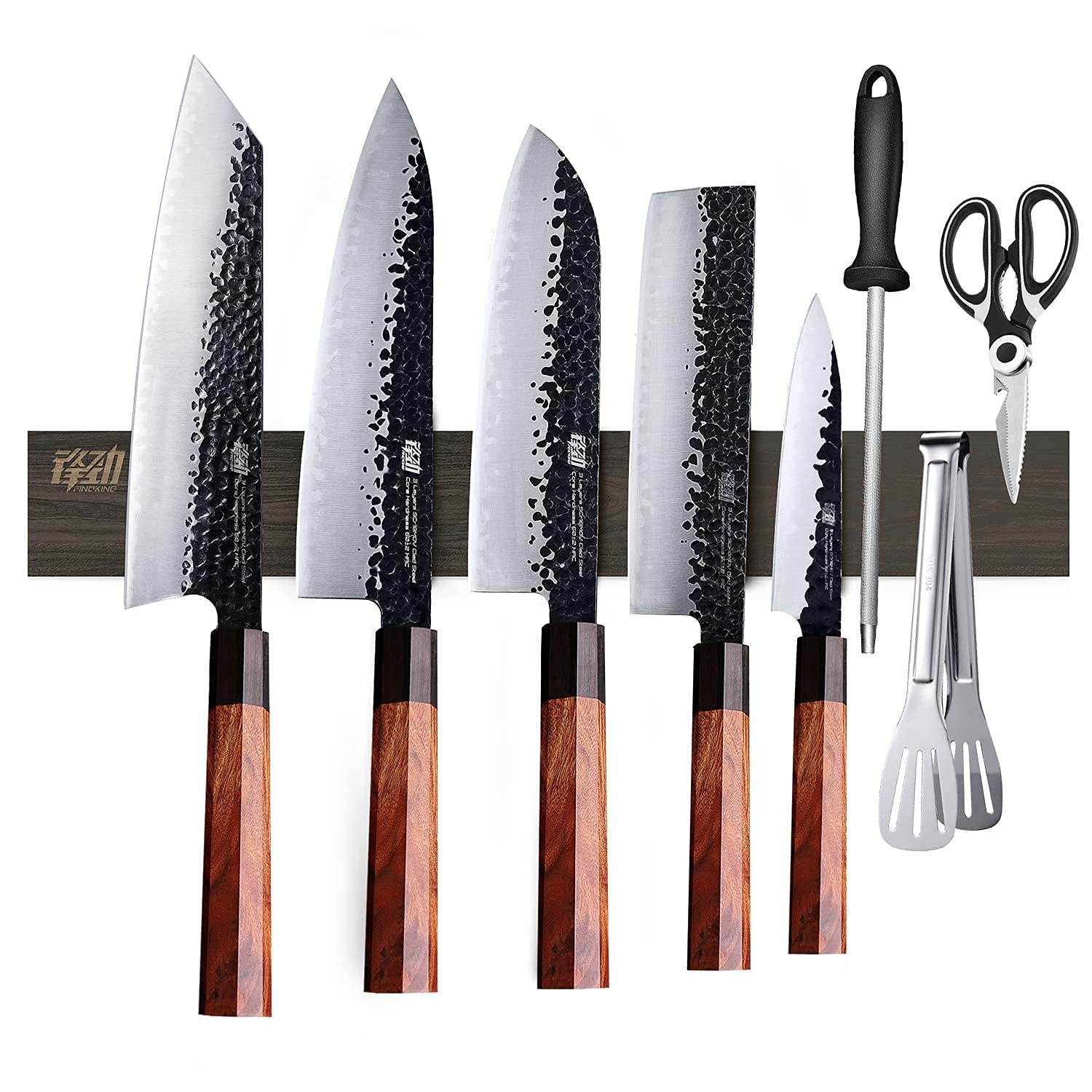 FINDKING 4Pcs Knife Set Dynasty series-3 layer 9CR18MOV clad steel w/octagon handle Chef's Knife with 18'' Acacia Wood Magnetic Knife Strip