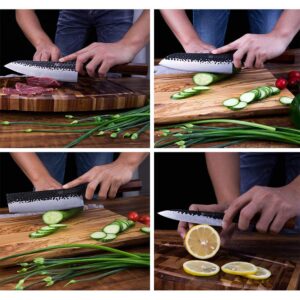 FINDKING 4Pcs Knife Set Dynasty series-3 layer 9CR18MOV clad steel w/octagon handle Chef's Knife with 18'' Acacia Wood Magnetic Knife Strip