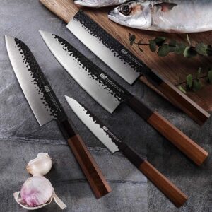 FINDKING 4Pcs Knife Set Dynasty series-3 layer 9CR18MOV clad steel w/octagon handle Chef's Knife with 18'' Acacia Wood Magnetic Knife Strip