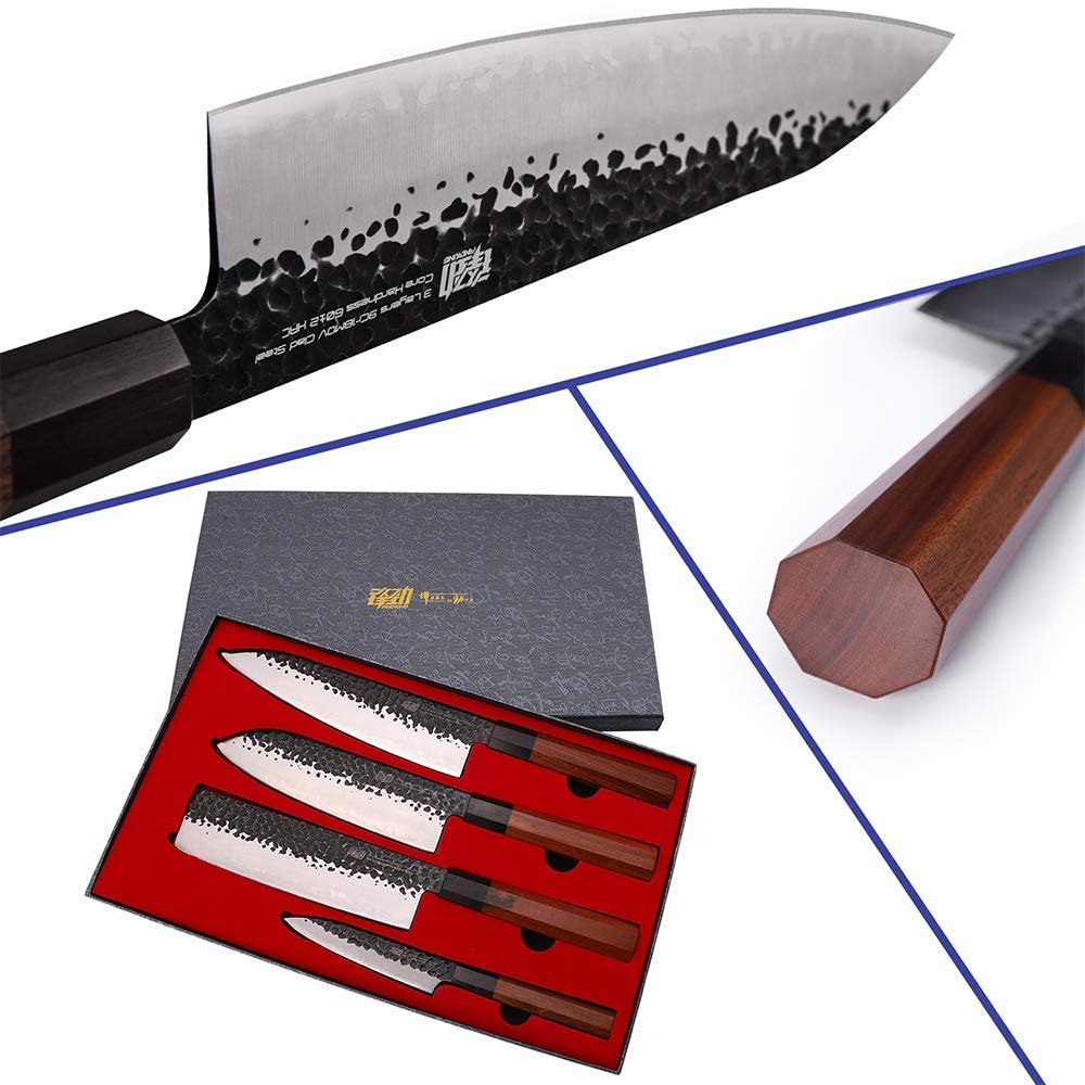 FINDKING 4Pcs Knife Set Dynasty series-3 layer 9CR18MOV clad steel w/octagon handle Chef's Knife with 18'' Acacia Wood Magnetic Knife Strip