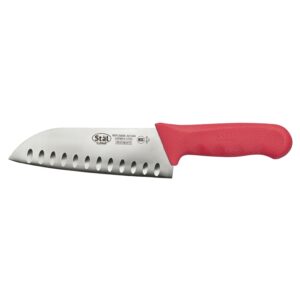 winco kwp-70r stäl stamped cutlery santoku knife 7" stainless steel blade, hollow granton edge, red plastic handle
