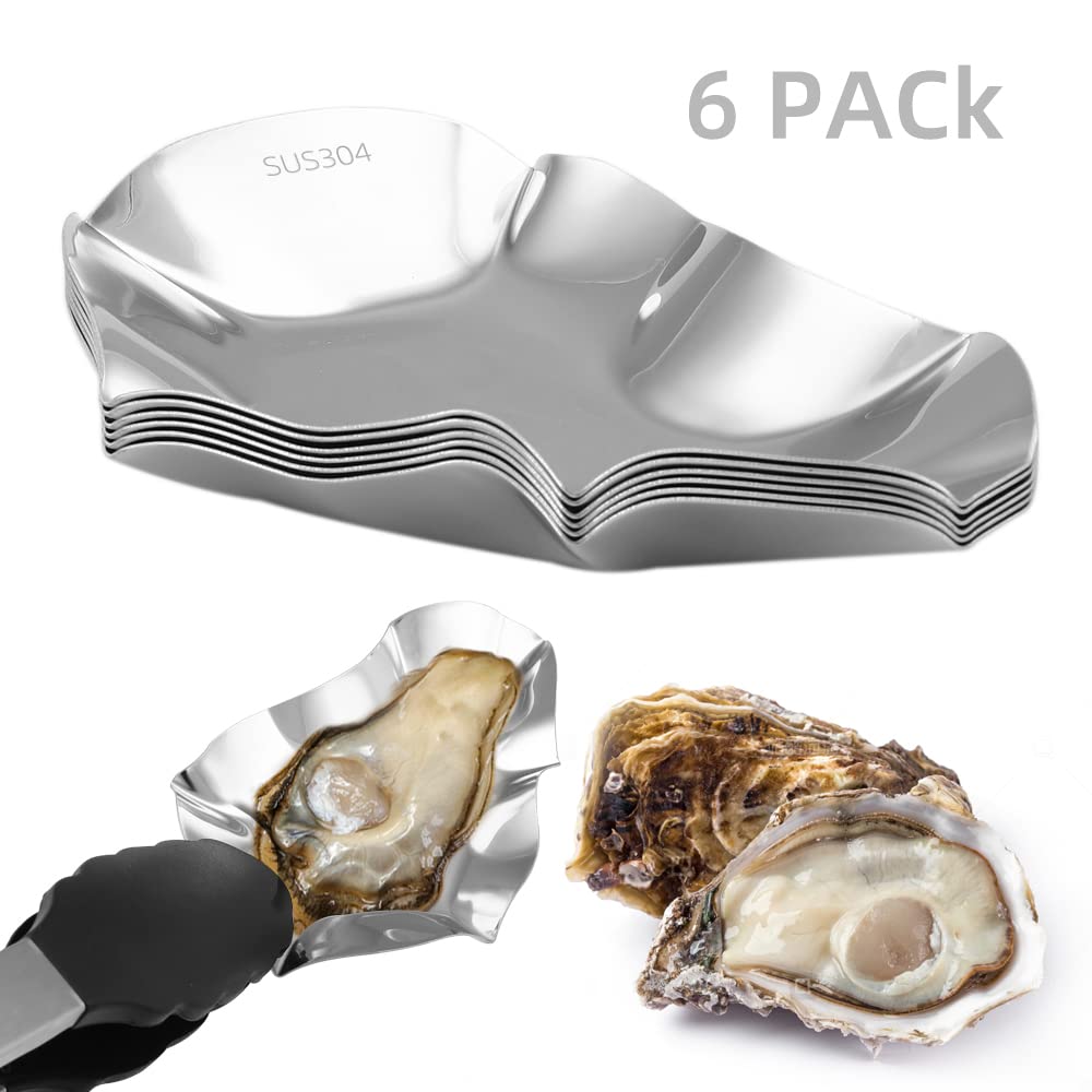 WENDOM Oyster Plate 6Pcs Grilling Oyster Shells Set Reusable Stainless Steel for Seafood, Barbecue Baked Oyster Serving Trays Silver Sauce Dish
