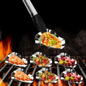 WENDOM Oyster Plate 6Pcs Grilling Oyster Shells Set Reusable Stainless Steel for Seafood, Barbecue Baked Oyster Serving Trays Silver Sauce Dish