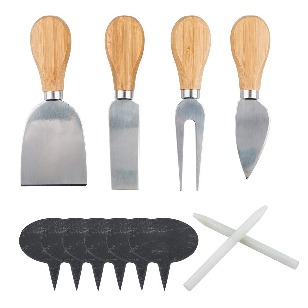 findTop Set of 12, Wood Handle Cheese Knives with Cheese Markers and Soapstone Chalks, 4 Pieces Cheese Slicer Cheese Cutter, 6 Pieces Natural Slate Cheese Labels, 2 Pieces Soapstone Chalks