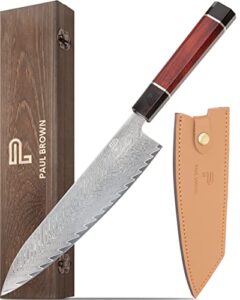 paul brown's™ 8 inch professional aus-10 damascus 67 layers steel kitchen chef knife with wooden handle pine wood gift box and leather sheath