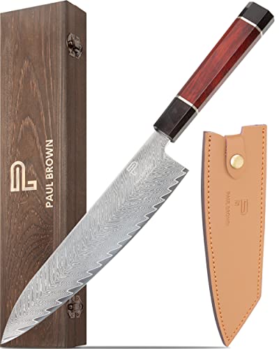 Paul Brown's™ 8 inch Professional AUS-10 Damascus 67 Layers Steel Kitchen Chef Knife with wooden handle Pine wood gift box and leather sheath