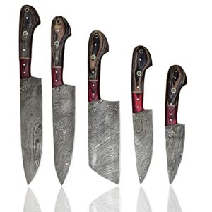 hand forged chef knives kitchen set damascus steel knives handmade knife set,professional chef knives set vegetable meat cooking knife tools accessories with beige solid wood handle,5 pieces set knife