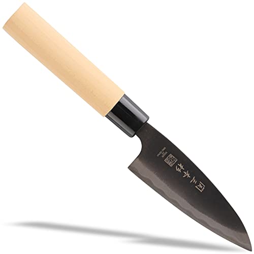 Seki Sanbonsugi Japanese Utility Chef Kitchen Knife, KUROUCHI Carbon Tool Steel Ajikiri Small Deba Knife, Shiraki Wooden Handle, 105 mm, Made in Seki Japan